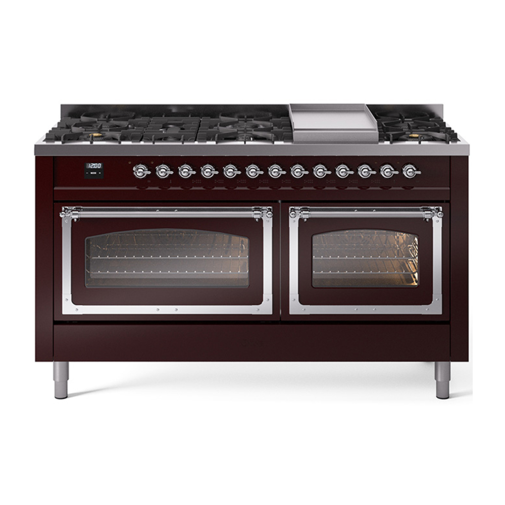 ILVE UN60FNMPBUC Nostalgie II Noblesse 60" Dual Fuel Range      (9 Sealed Burners + Griddle, Natural Gas, Triple Glass Door, Burgundy, Chrome)