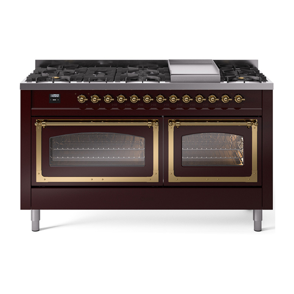 ILVE UN60FNMPBUGLP Nostalgie II Noblesse 60" Dual Fuel Range      (9 Sealed Burners + Griddle, Liquid Propane, Triple Glass Door, Burgundy, Brass)