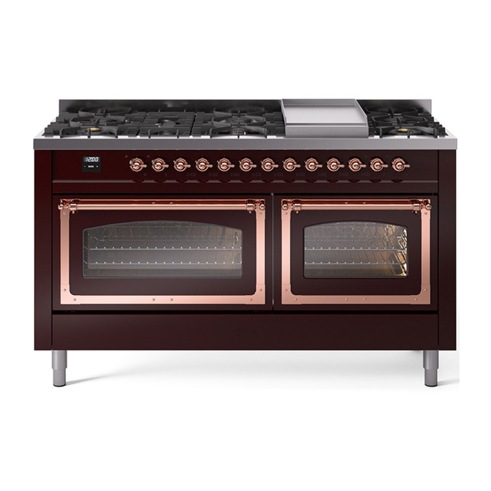 ILVE UN60FNMPBUPLP Nostalgie II Noblesse 60" Dual Fuel Range      (9 Sealed Burners + Griddle, Liquid Propane, Triple Glass Door, Burgundy, Copper)