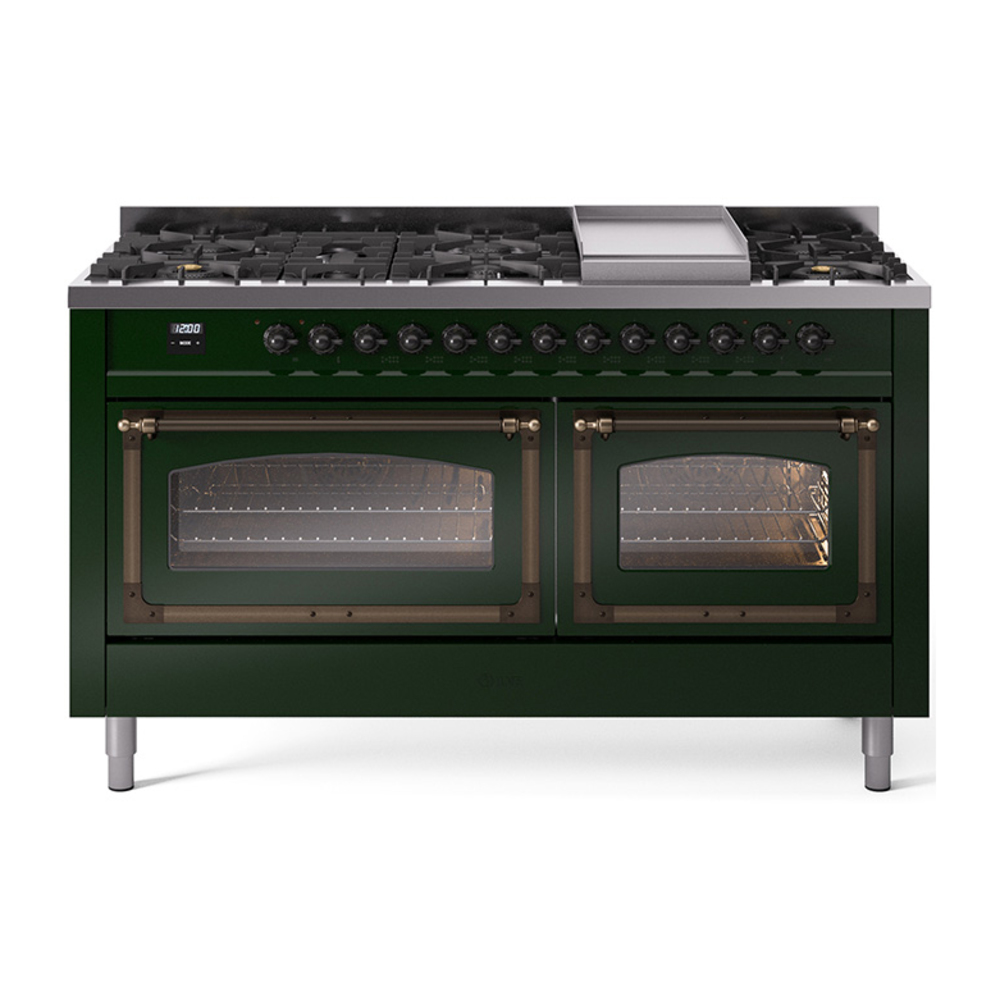 ILVE UN60FNMPEGBLP Nostalgie II Noblesse 60" Dual Fuel Range      (9 Sealed Burners + Griddle, Liquid Propane, Triple Glass Door, Emerald Green, Burnished)