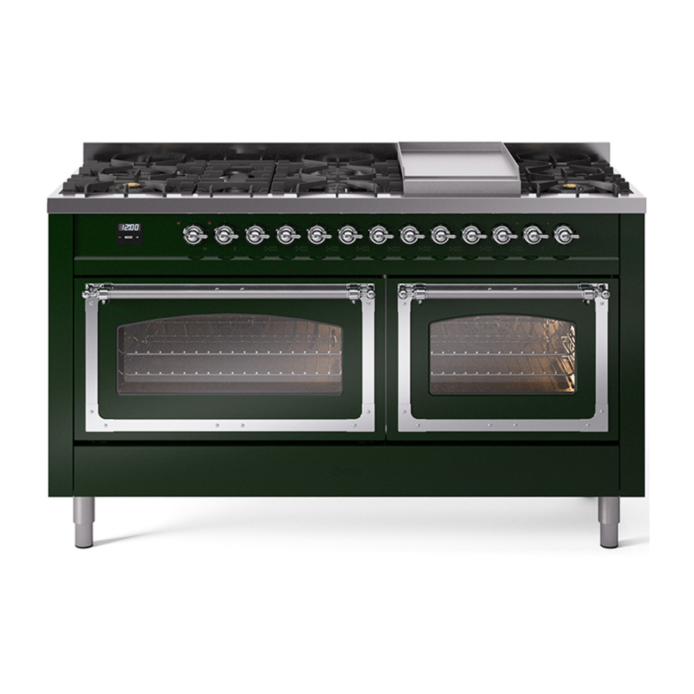 ILVE UN60FNMPEGCLP Nostalgie II Noblesse 60" Dual Fuel Range      (9 Sealed Burners + Griddle, Liquid Propane, Triple Glass Door, Emerald Green, Chrome)