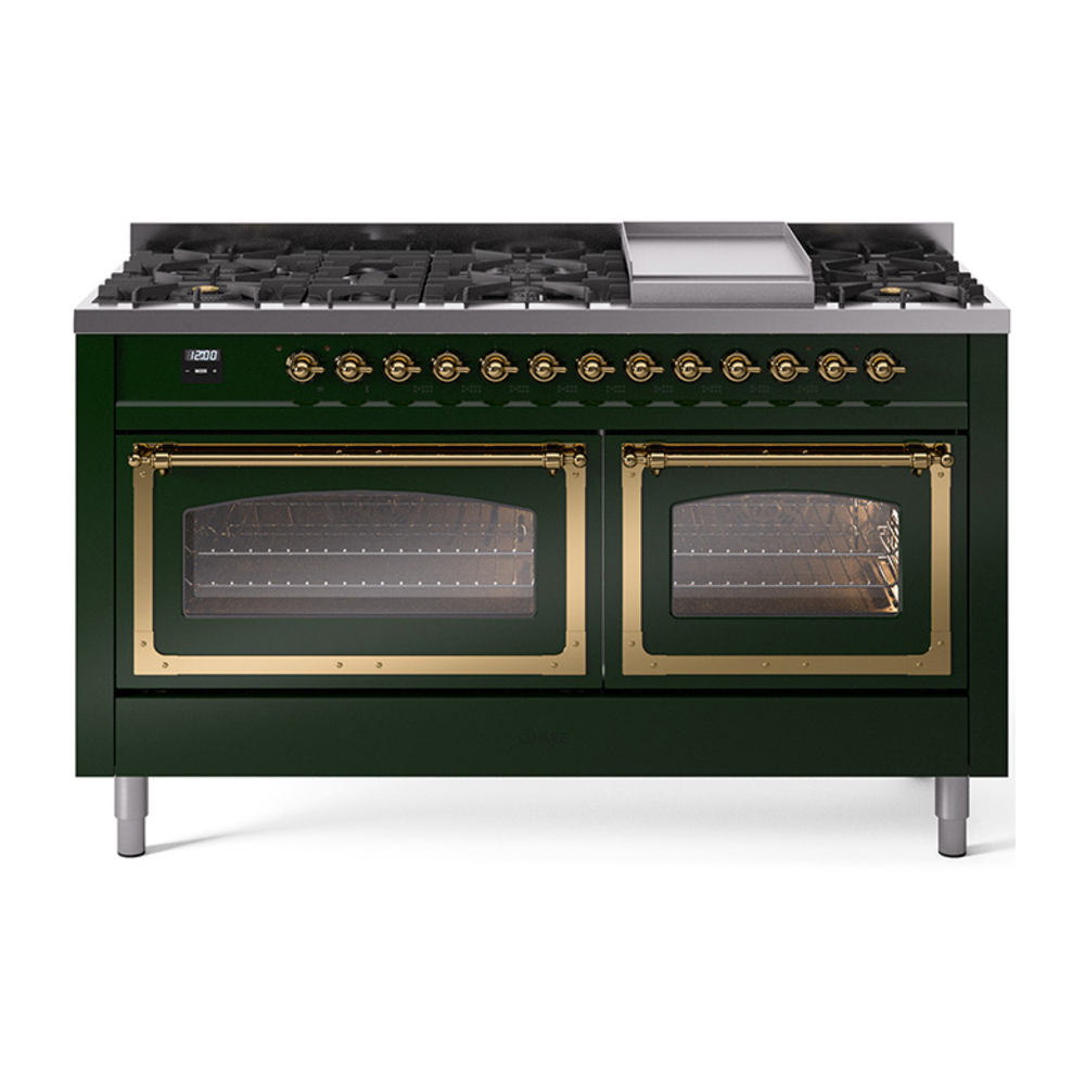 ILVE UN60FNMPEGGLP Nostalgie II Noblesse 60" Dual Fuel Range      (9 Sealed Burners + Griddle, Liquid Propane, Triple Glass Door, Emerald Green, Brass)