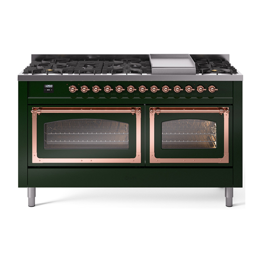 ILVE UN60FNMPEGPLP Nostalgie II Noblesse 60" Dual Fuel Range      (9 Sealed Burners + Griddle, Liquid Propane, Triple Glass Door, Emerald Green, Copper)