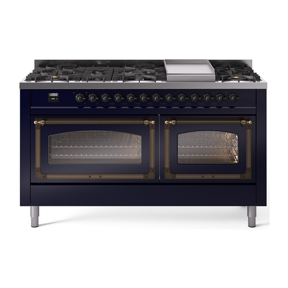 ILVE UN60FNMPMBBLP Nostalgie II Noblesse 60" Dual Fuel Range      (9 Sealed Burners + Griddle, Liquid Propane, Triple Glass Door, Midnight Blue, Bronze)