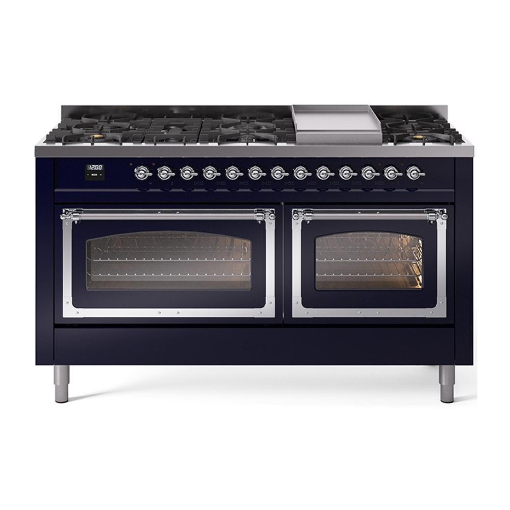 ILVE UN60FNMPMBCLP Nostalgie II Noblesse 60" Dual Fuel Range      (9 Sealed Burners + Griddle, Liquid Propane, Triple Glass Door, Midnight Blue, Chrome)