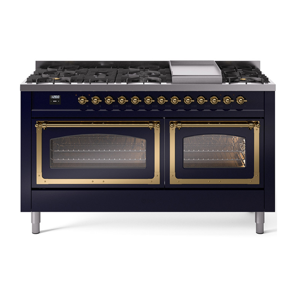 ILVE UN60FNMPMBGLP Nostalgie II Noblesse 60" Dual Fuel Range      (9 Sealed Burners + Griddle, Liquid Propane, Triple Glass Door, Midnight Blue, Brass)