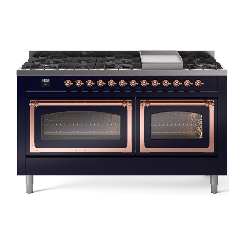 ILVE UN60FNMPMBPLP Nostalgie II Noblesse 60" Dual Fuel Range      (9 Sealed Burners + Griddle, Liquid Propane, Triple Glass Door, Midnight Blue, Copper)