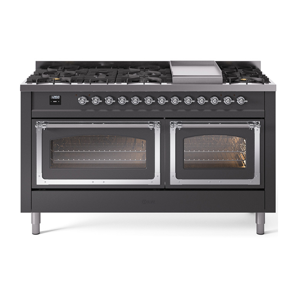 ILVE UN60FNMPMGCLP Nostalgie II Noblesse 60" Dual Fuel Range      (9 Sealed Burners + Griddle, Liquid Propane, Triple Glass Door, Graphite Matte, Chrome)