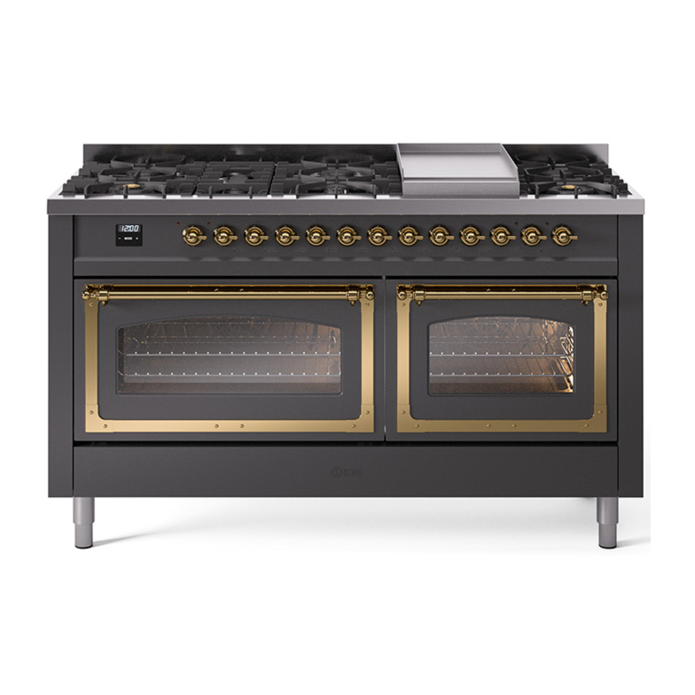 ILVE UN60FNMPMGGLP Nostalgie II Noblesse 60" Dual Fuel Range      (9 Sealed Burners + Griddle, Liquid Propane, Triple Glass Door, Graphite Matte, Brass)