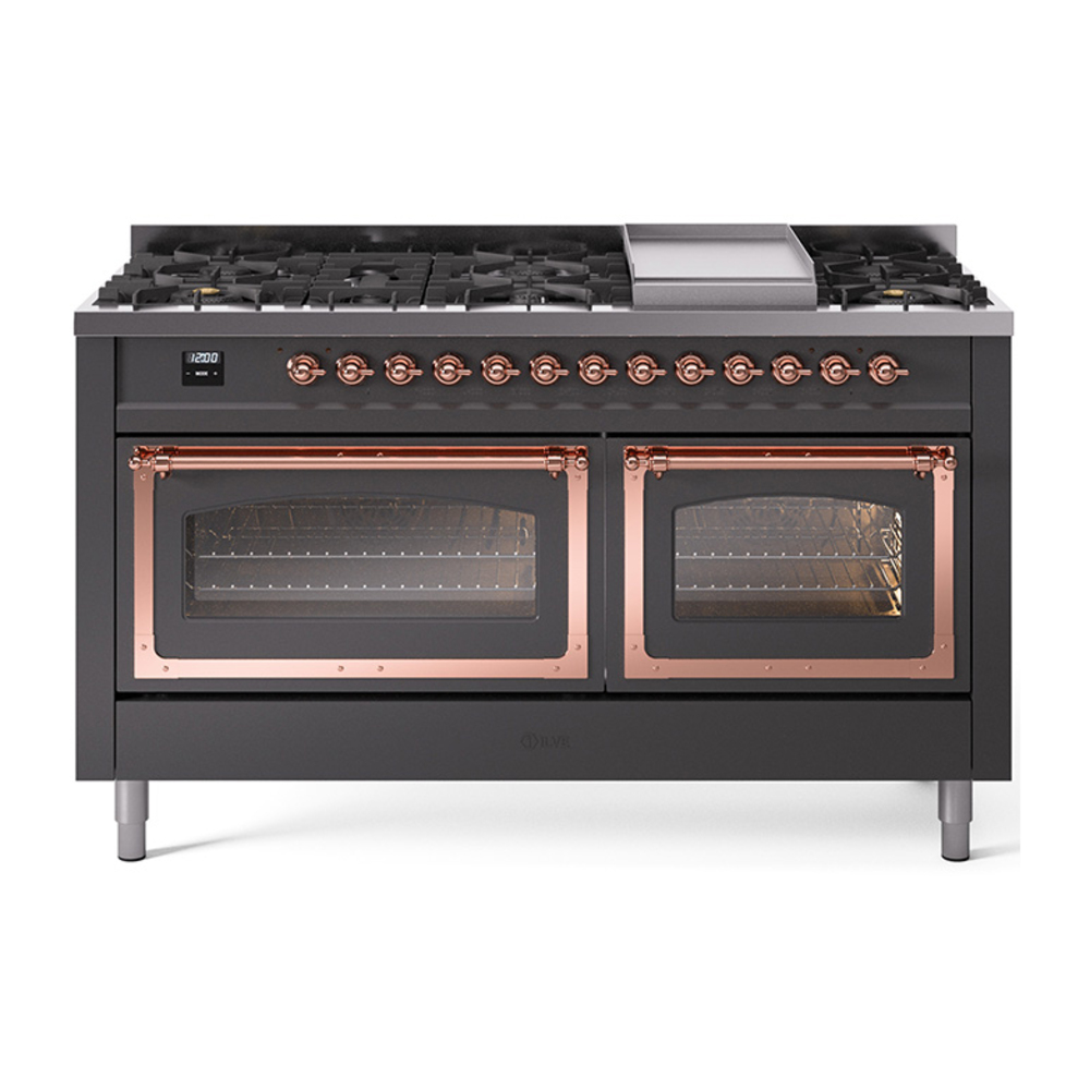 ILVE UN60FNMPMGP Nostalgie II Noblesse 60" Dual Fuel Range      (9 Sealed Burners + Griddle, Natural Gas, Triple Glass Door, Graphite Matte, Copper)