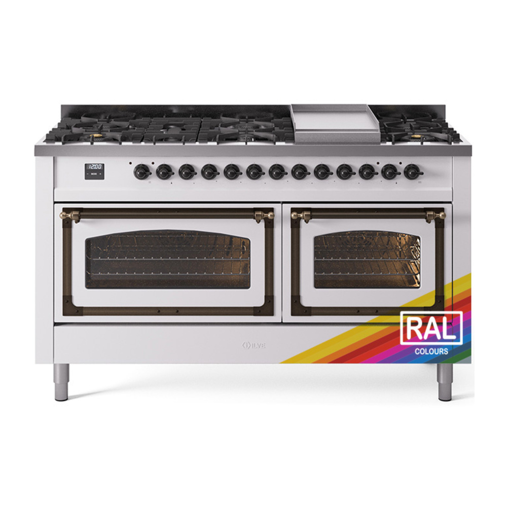 ILVE UN60FNMPRABLP Nostalgie II Noblesse 60" Dual Fuel Range      (9 Sealed Burners + Griddle, Liquid Propane, Triple Glass Door, RAL, Burnished)