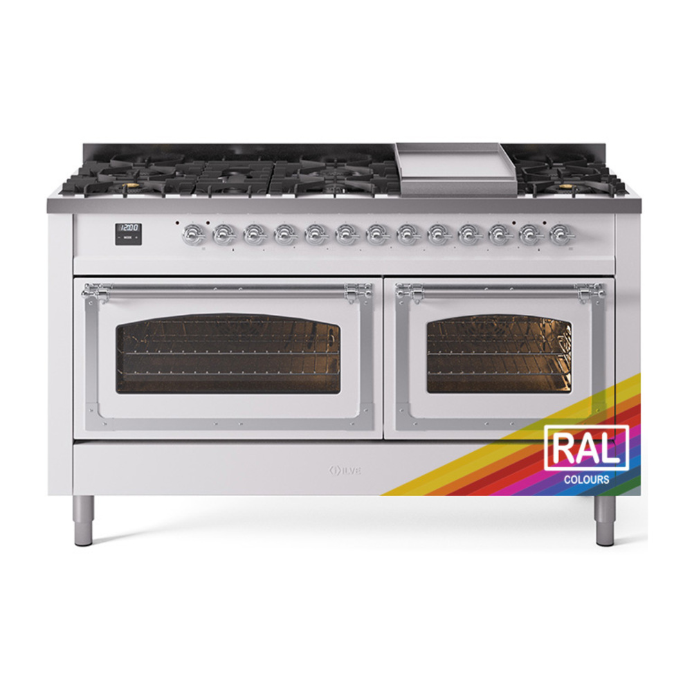 ILVE UN60FNMPRACLP Nostalgie II Noblesse 60" Dual Fuel Range      (9 Sealed Burners + Griddle, Liquid Propane, Triple Glass Door, RAL, Chrome)