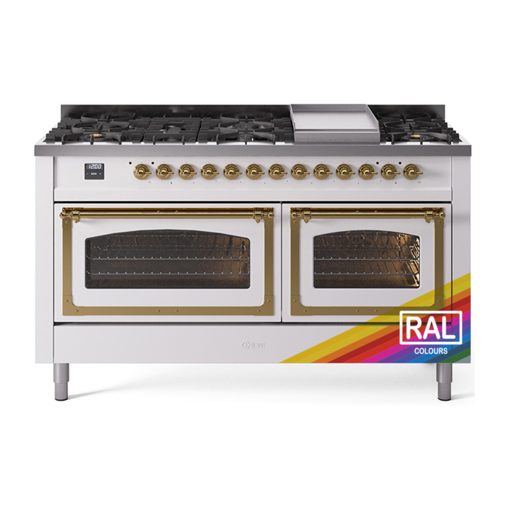 ILVE UN60FNMPRAGLP Nostalgie II Noblesse 60" Dual Fuel Range      (9 Sealed Burners + Griddle, Liquid Propane, Triple Glass Door, RAL, Brass)