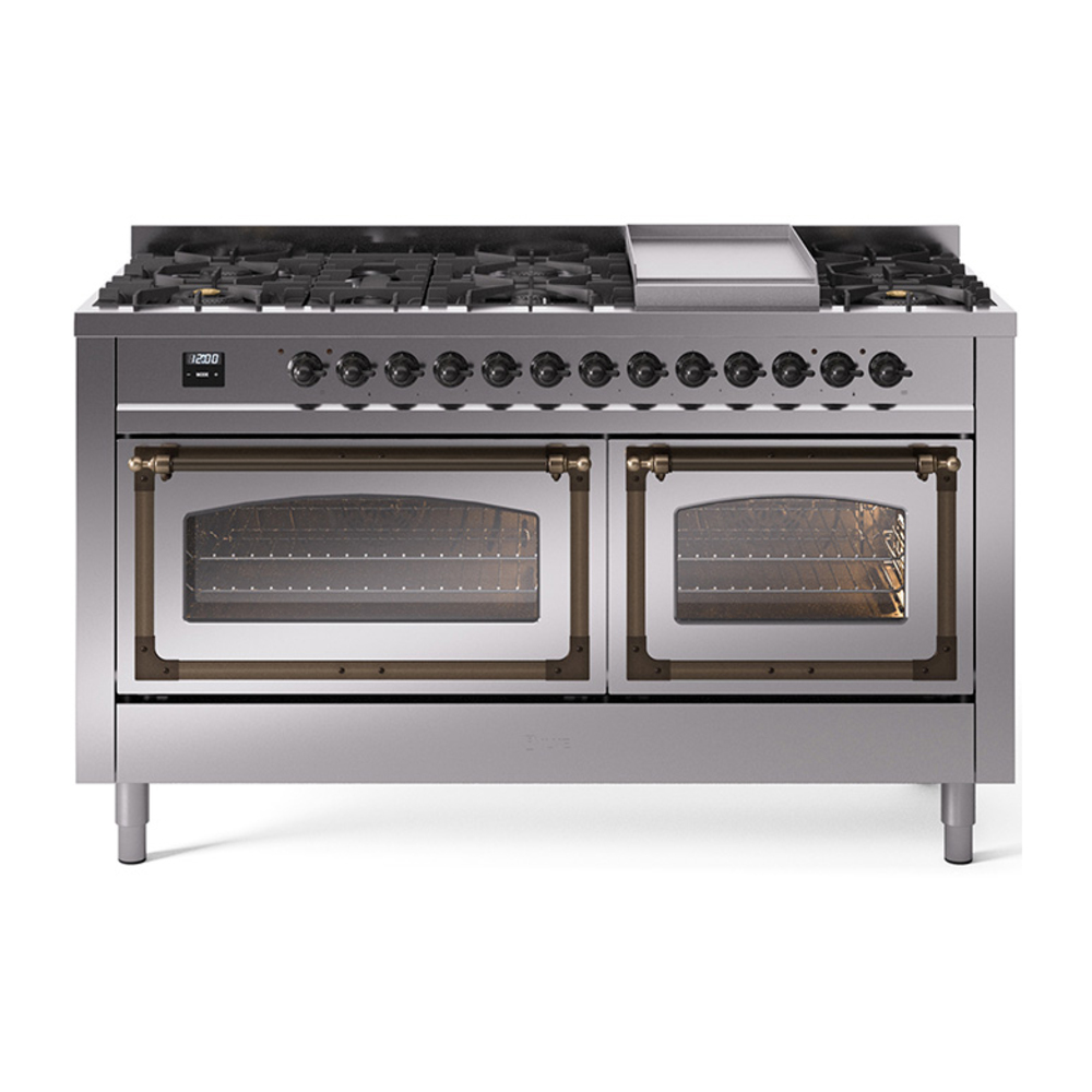 ILVE UN60FNMPSSBLP Nostalgie II Noblesse 60" Dual Fuel Range      (9 Sealed Burners + Griddle, Liquid Propane, Triple Glass Door, Stainless Steel, Bronze)