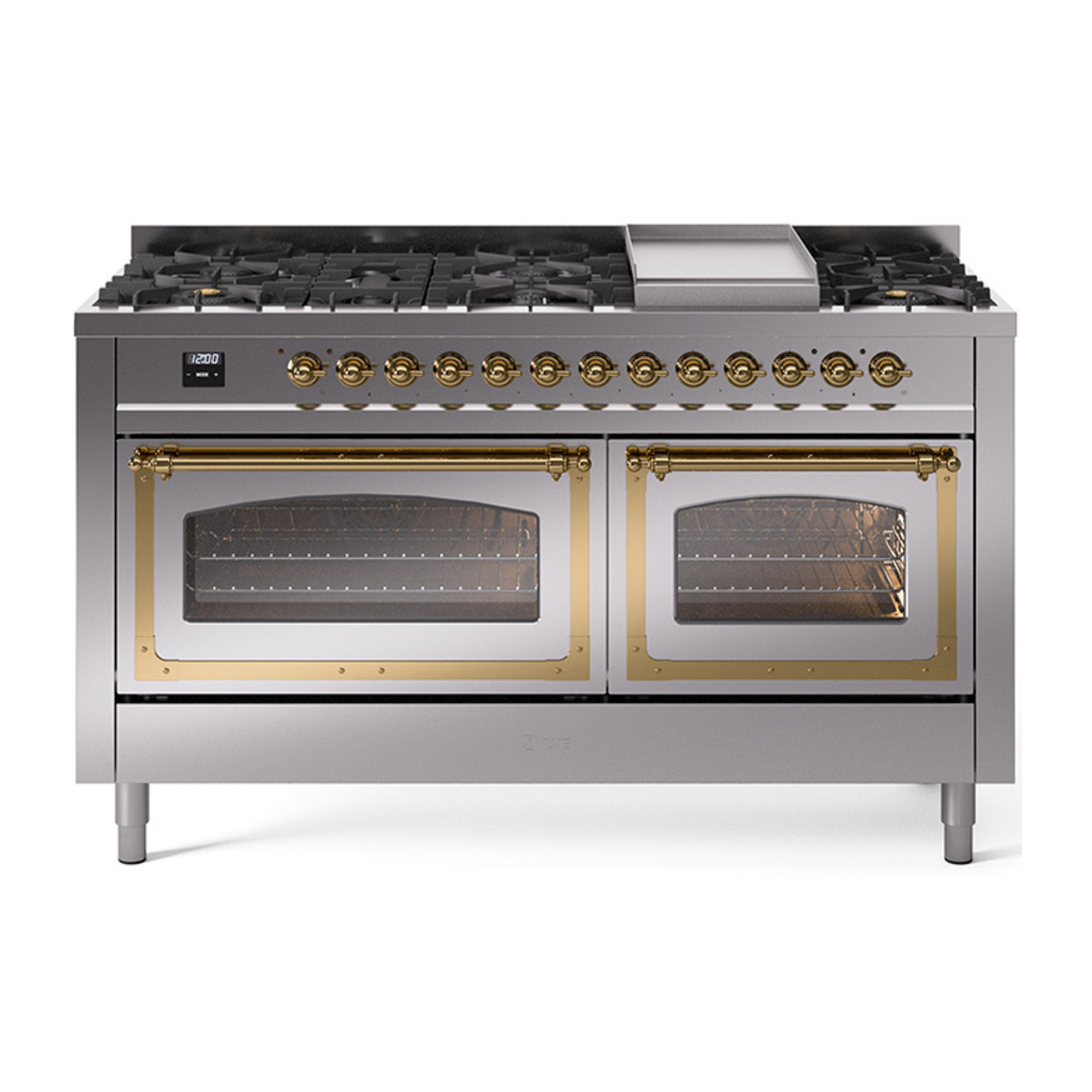 ILVE UN60FNMPSSGLP Nostalgie II Noblesse 60" Dual Fuel Range      (9 Sealed Burners + Griddle, Liquid Propane, Triple Glass Door, Stainless Steel, Brass)