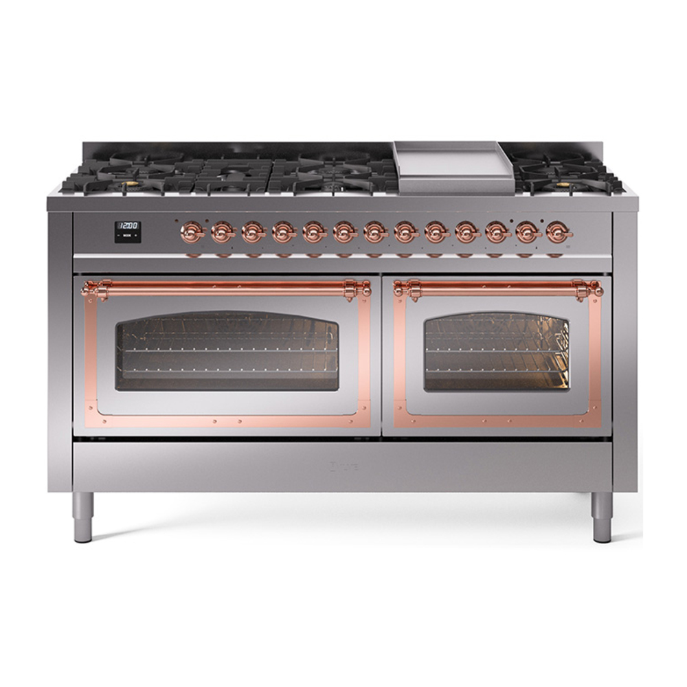 ILVE UN60FNMPSSPLP Nostalgie II Noblesse 60" Dual Fuel Range      (9 Sealed Burners + Griddle, Liquid Propane, Triple Glass Door, Stainless Steel, Copper)