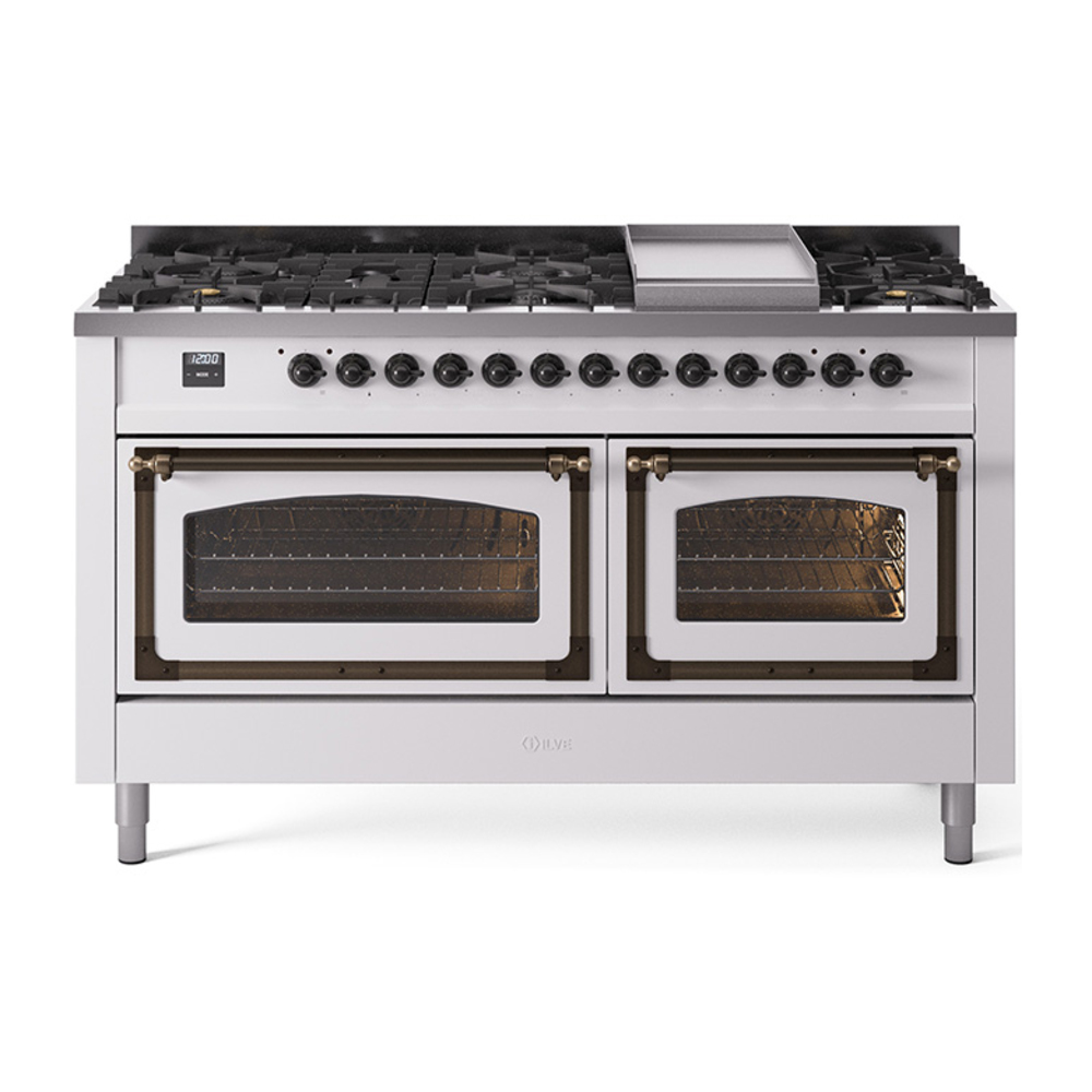 ILVE UN60FNMPWHBLP Nostalgie II Noblesse 60" Dual Fuel Range      (9 Sealed Burners + Griddle, Liquid Propane, Triple Glass Door, White, Burnished)