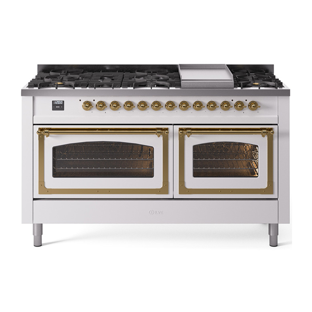 ILVE UN60FNMPWHGLP Nostalgie II Noblesse 60" Dual Fuel Range      (9 Sealed Burners + Griddle, Liquid Propane, Triple Glass Door, White, Brass)