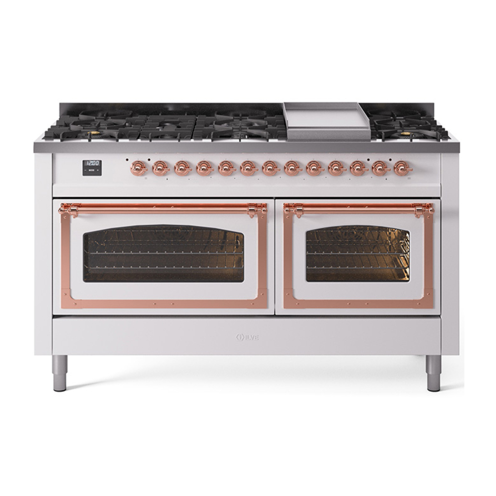 ILVE UN60FNMPWHPLP Nostalgie II Noblesse 60" Dual Fuel Range      (9 Sealed Burners + Griddle, Liquid Propane, Triple Glass Door, White, Copper)