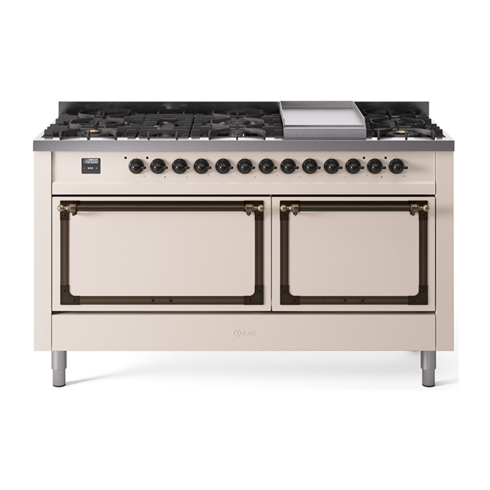 ILVE UN60FQNMPAWBLP Nostalgie II Noblesse 60" Dual Fuel Range      (9 Sealed Burners + Griddle, Liquid Propane, Solid Door, Antique White, Bronze)