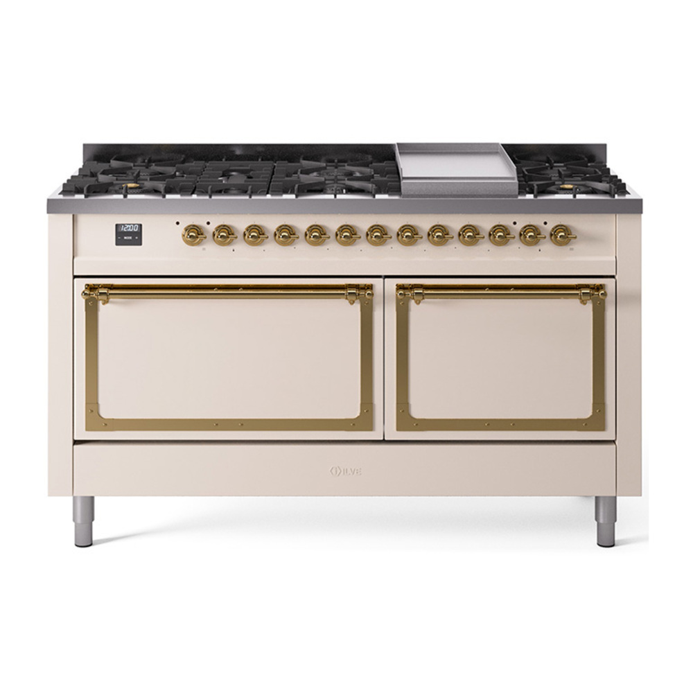 ILVE UN60FQNMPAWGLP Nostalgie II Noblesse 60" Dual Fuel Range      (9 Sealed Burners + Griddle, Liquid Propane, Solid Door, Antique White, Brass)