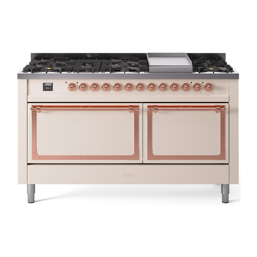 ILVE UN60FQNMPAWPLP Nostalgie II Noblesse 60" Dual Fuel Range      (9 Sealed Burners + Griddle, Liquid Propane, Solid Door, Antique White, Copper)