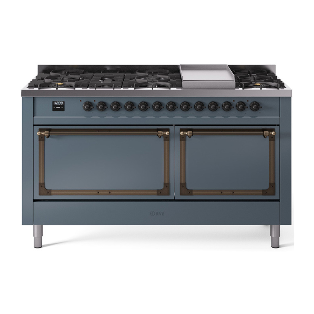 ILVE UN60FQNMPBGBLP Nostalgie II Noblesse 60" Dual Fuel Range      (9 Sealed Burners + Griddle, Liquid Propane, Solid Door, Blue Grey, Burnished)