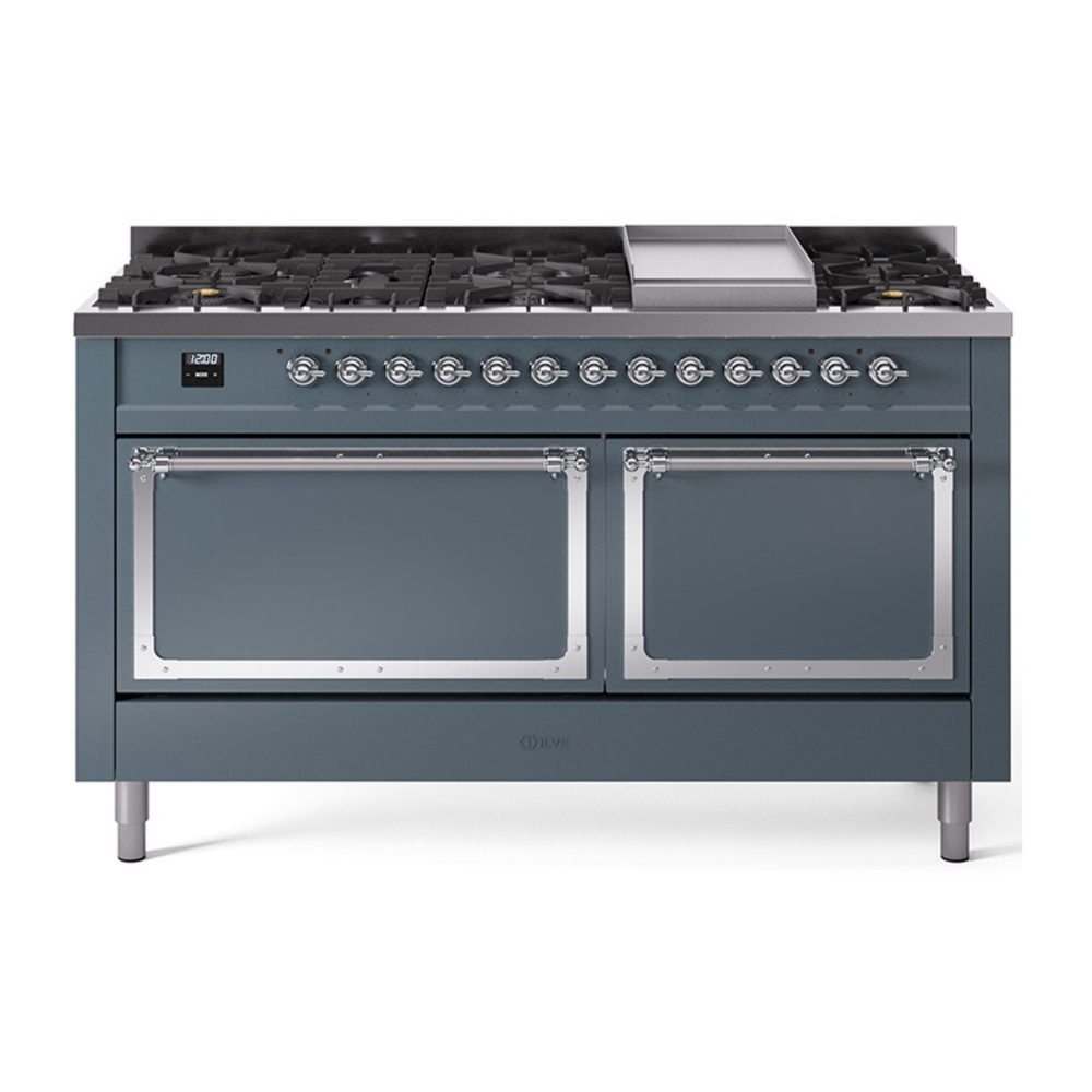 ILVE UN60FQNMPBGCLP Nostalgie II Noblesse 60" Dual Fuel Range      (9 Sealed Burners + Griddle, Liquid Propane, Solid Door, Blue Grey, Chrome)