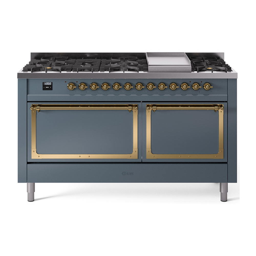 ILVE UN60FQNMPBGGLP Nostalgie II Noblesse 60" Dual Fuel Range      (9 Sealed Burners + Griddle, Liquid Propane, Solid Door, Blue Grey, Brass)