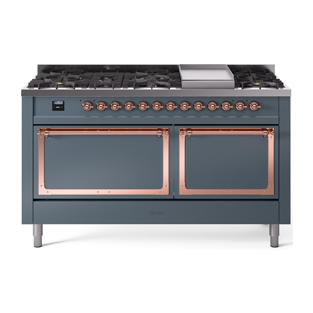 ILVE UN60FQNMPBGP Nostalgie II Noblesse 60" Dual Fuel Range      (9 Sealed Burners + Griddle, Natural Gas, Solid Door, Blue Grey, Copper)