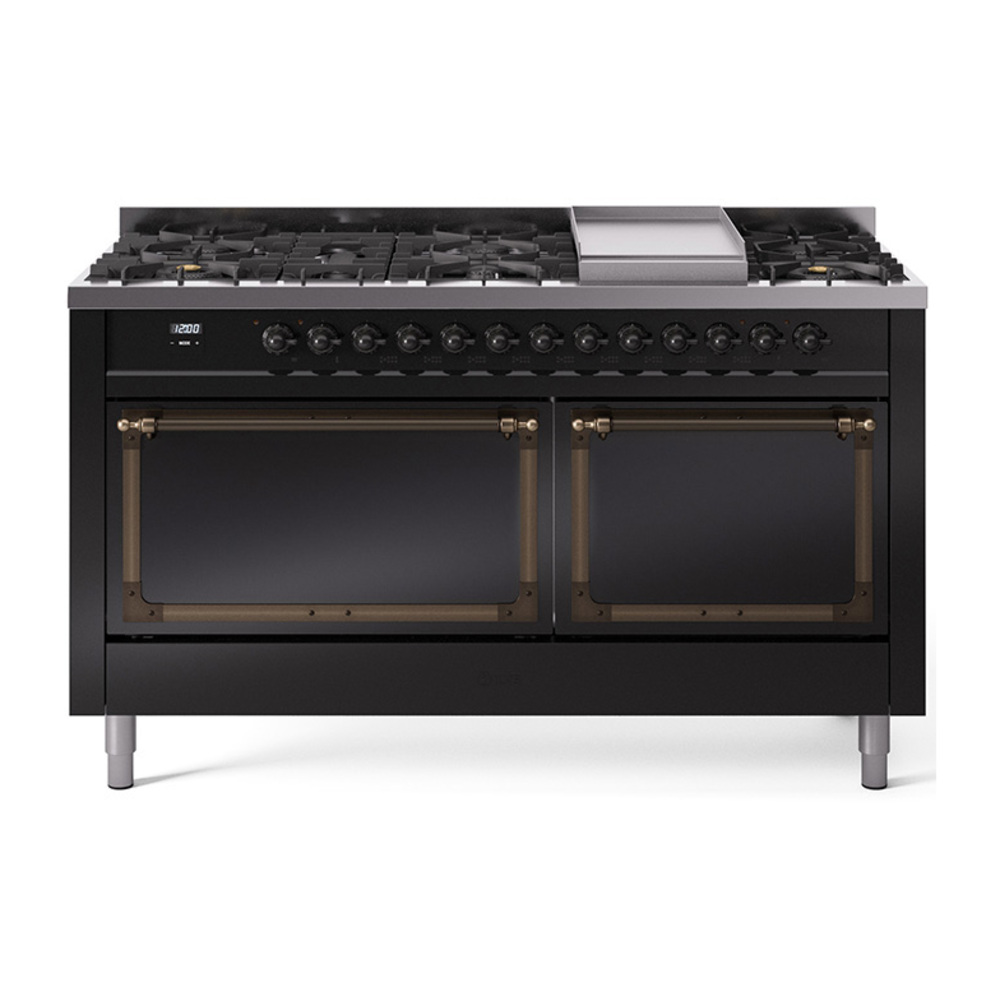 ILVE UN60FQNMPBKBLP Nostalgie II Noblesse 60" Dual Fuel Range      (9 Sealed Burners + Griddle, Liquid Propane, Solid Door, Glossy Black, Burnished)