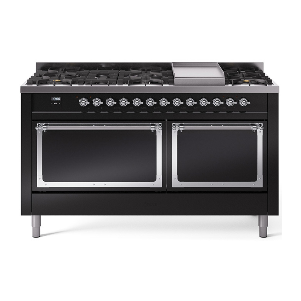 ILVE UN60FQNMPBKCLP Nostalgie II Noblesse 60" Dual Fuel Range      (9 Sealed Burners + Griddle, Liquid Propane, Solid Door, Glossy Black, Chrome)