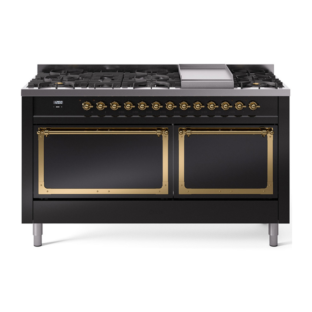 ILVE UN60FQNMPBKGLP Nostalgie II Noblesse 60" Dual Fuel Range      (9 Sealed Burners + Griddle, Liquid Propane, Solid Door, Glossy Black, Brass)