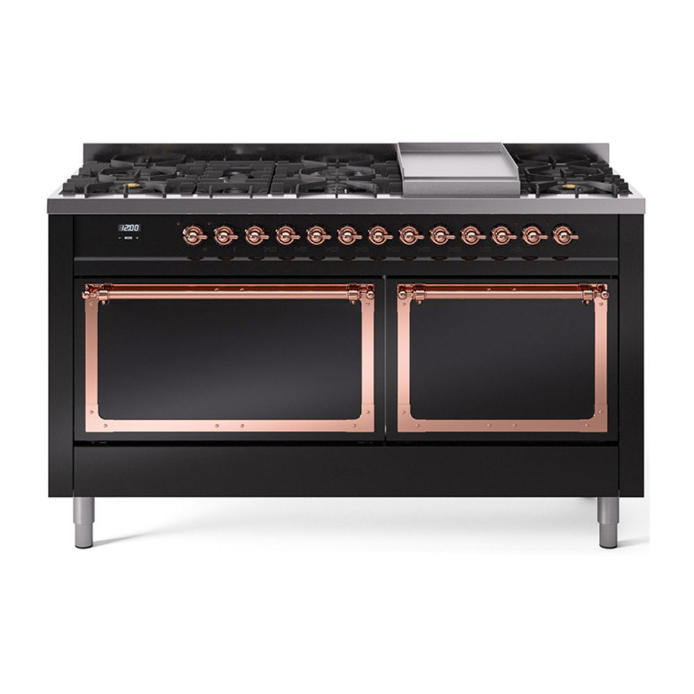 ILVE UN60FQNMPBKPLP Nostalgie II Noblesse 60" Dual Fuel Range      (9 Sealed Burners + Griddle, Liquid Propane, Solid Door, Glossy Black, Copper)