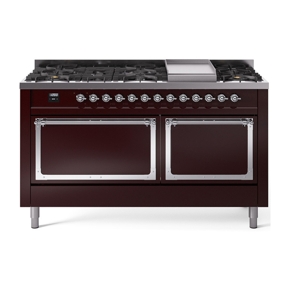 ILVE UN60FQNMPBUCLP Nostalgie II Noblesse 60" Dual Fuel Range      (9 Sealed Burners + Griddle, Liquid Propane, Solid Door, Burgundy, Chrome)