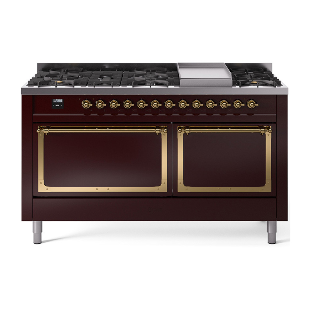 ILVE UN60FQNMPBUG Nostalgie II Noblesse 60" Dual Fuel Range      (9 Sealed Burners + Griddle, Natural Gas, Solid Door, Burgundy, Brass)