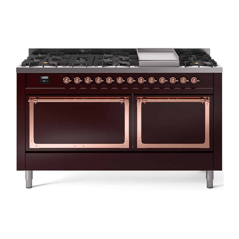 ILVE UN60FQNMPBUP Nostalgie II Noblesse 60" Dual Fuel Range      (9 Sealed Burners + Griddle, Natural Gas, Solid Door, Burgundy, Copper)