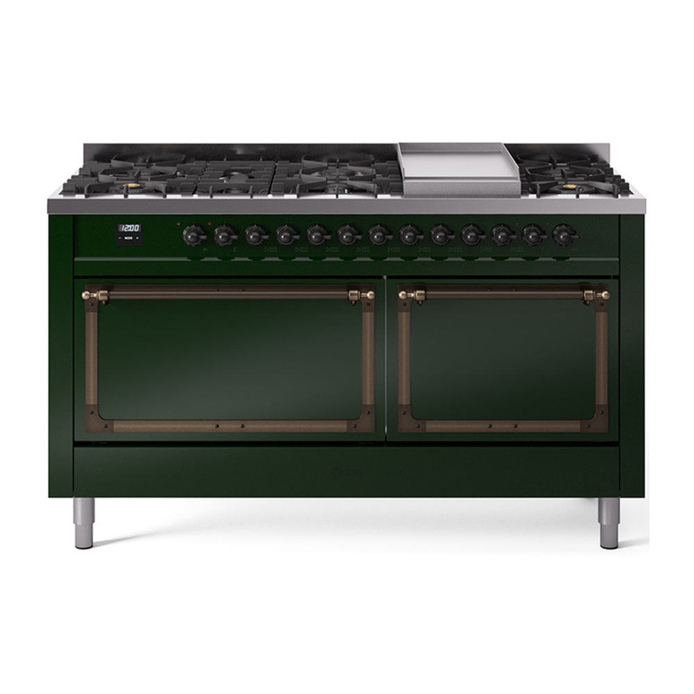 ILVE UN60FQNMPEGBLP Nostalgie II Noblesse 60" Dual Fuel Range      (9 Sealed Burners + Griddle, Liquid Propane, Solid Door, Emerald Green, Burnished)