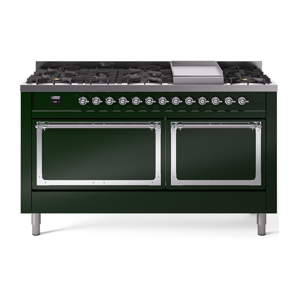 ILVE UN60FQNMPEGCLP Nostalgie II Noblesse 60" Dual Fuel Range      (9 Sealed Burners + Griddle, Liquid Propane, Solid Door, Emerald Green, Chrome)