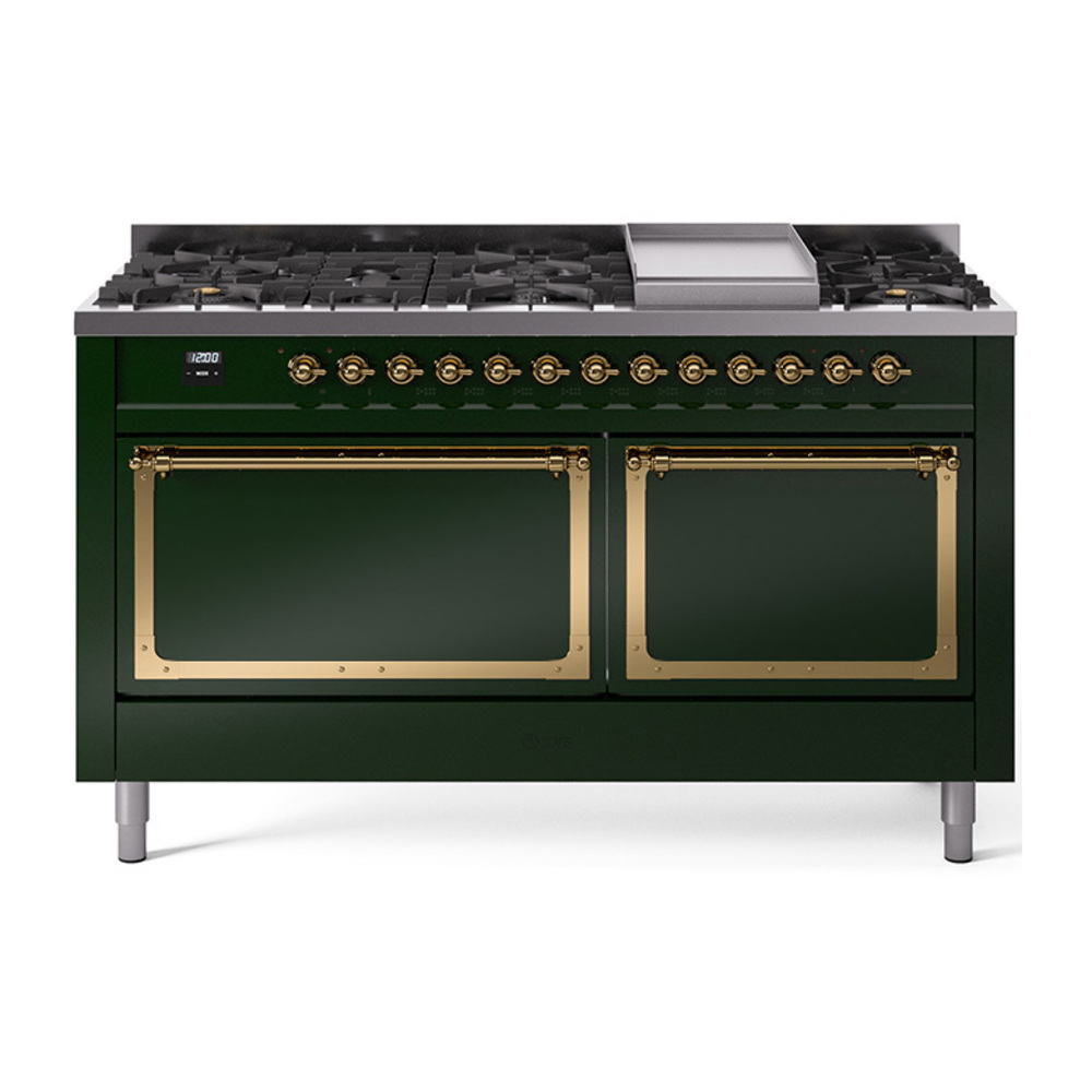 ILVE UN60FQNMPEGG Nostalgie II Noblesse 60" Dual Fuel Range      (9 Sealed Burners + Griddle, Natural Gas, Solid Door, Emerald Green, Brass)