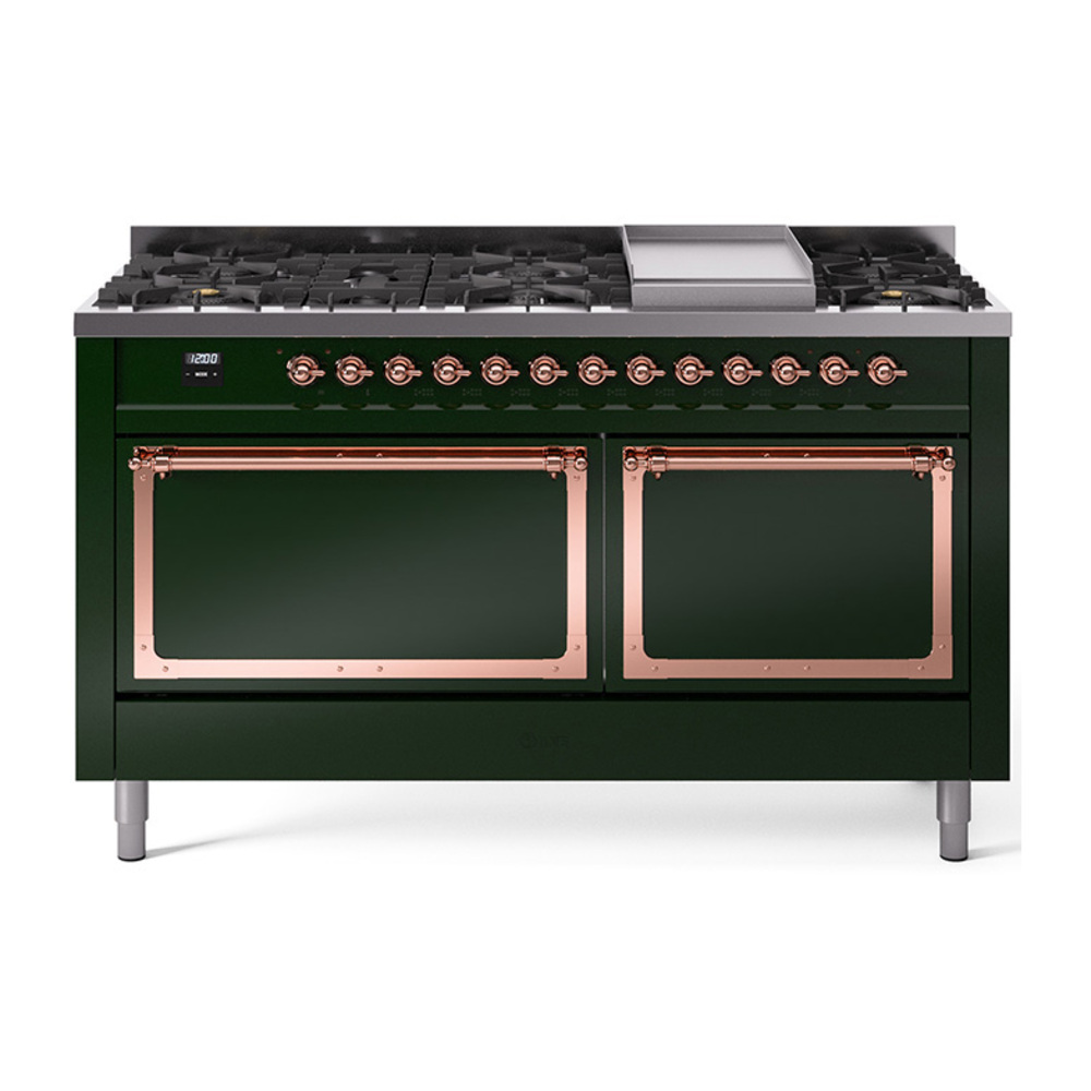 ILVE UN60FQNMPEGPLP Nostalgie II Noblesse 60" Dual Fuel Range      (9 Sealed Burners + Griddle, Liquid Propane, Solid Door, Emerald Green, Copper)