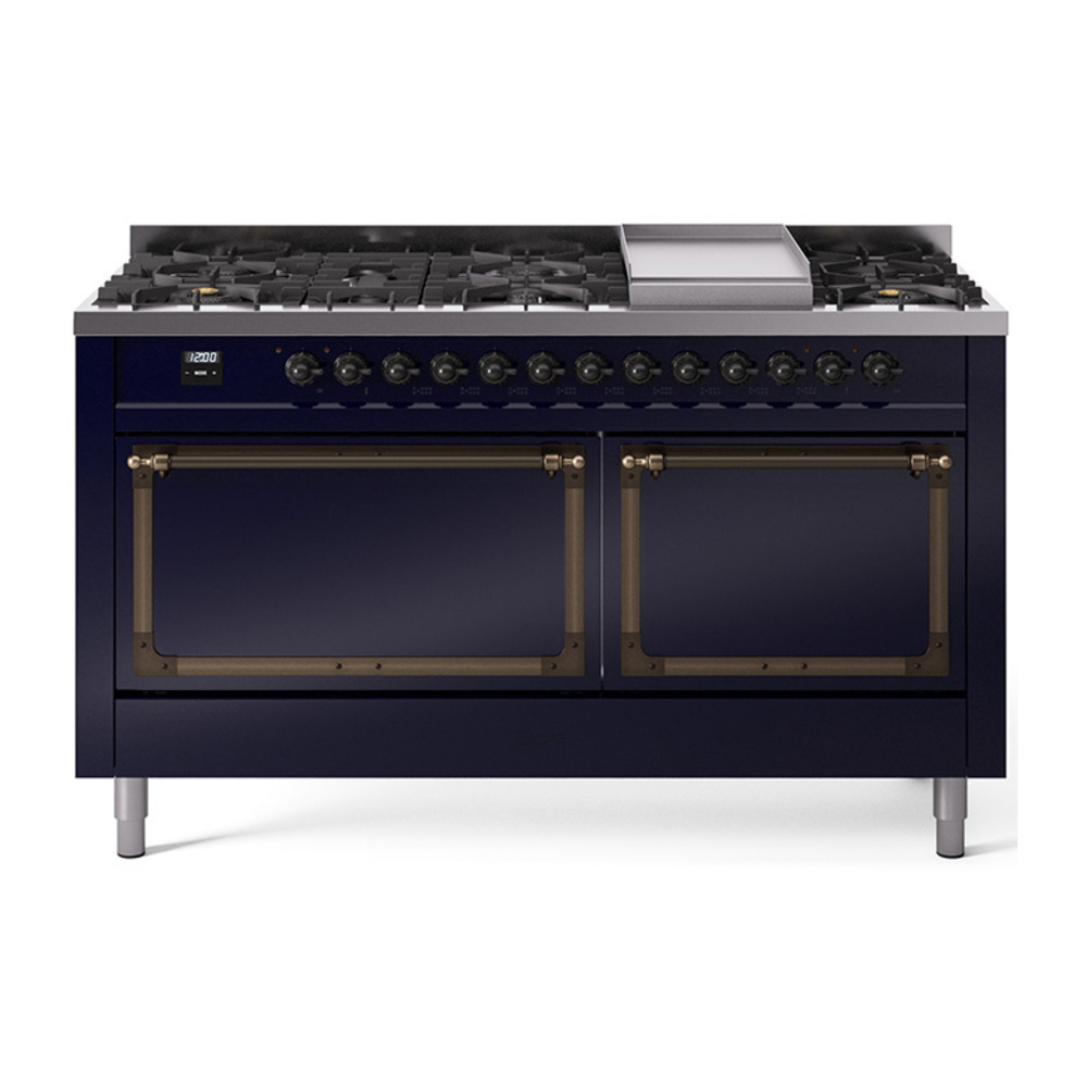 ILVE UN60FQNMPMBBLP Nostalgie II Noblesse 60" Dual Fuel Range      (9 Sealed Burners + Griddle, Liquid Propane, Solid Door, Midnight Blue, Bronze)