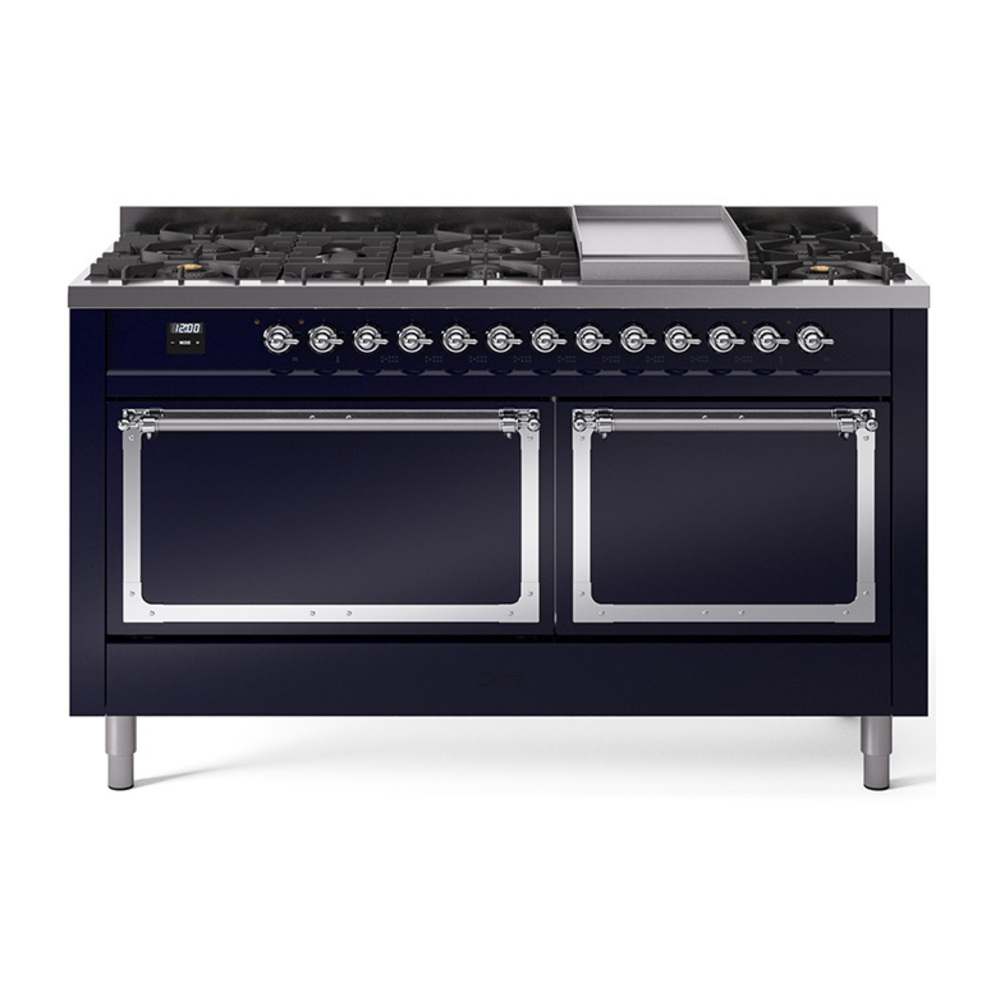 ILVE UN60FQNMPMBC Nostalgie II Noblesse 60" Dual Fuel Range      (9 Sealed Burners + Griddle, Natural Gas, Solid Door, Midnight Blue, Chrome)