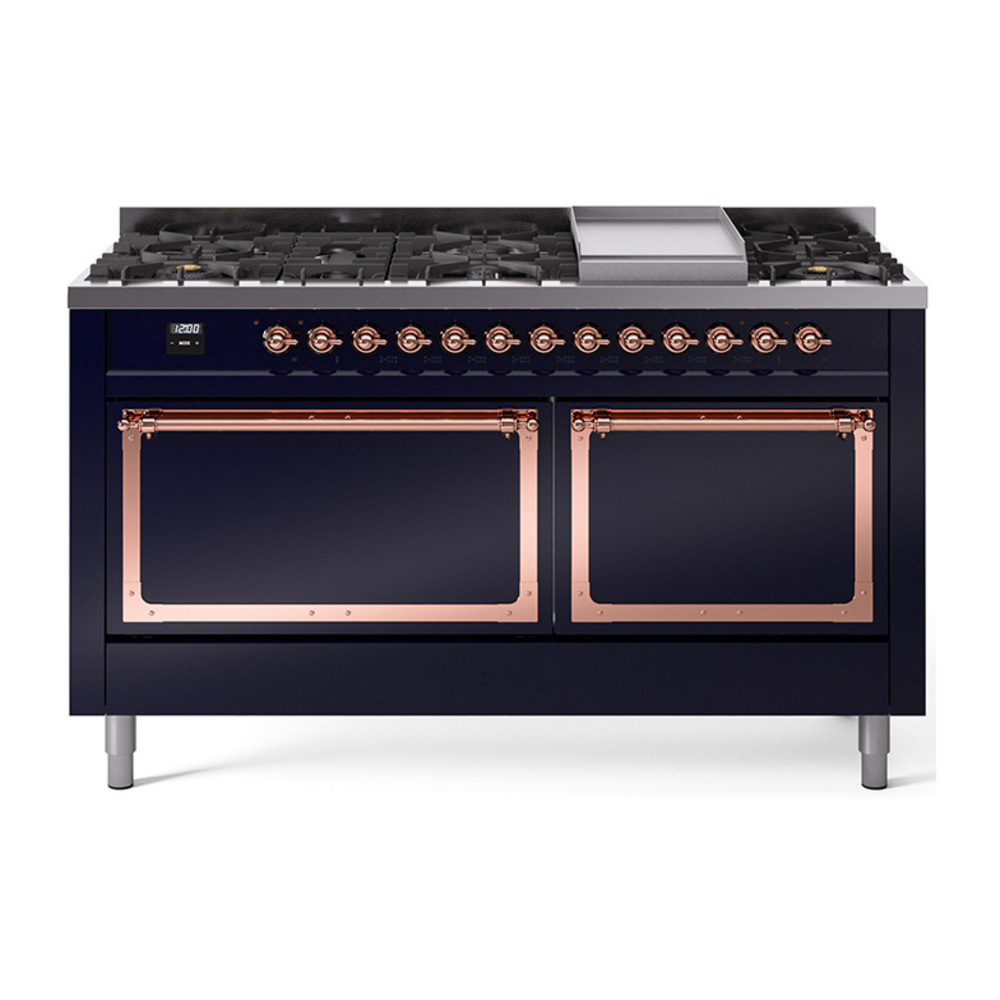 ILVE UN60FQNMPMBPLP Nostalgie II Noblesse 60" Dual Fuel Range      (9 Sealed Burners + Griddle, Liquid Propane, Solid Door, Midnight Blue, Copper)