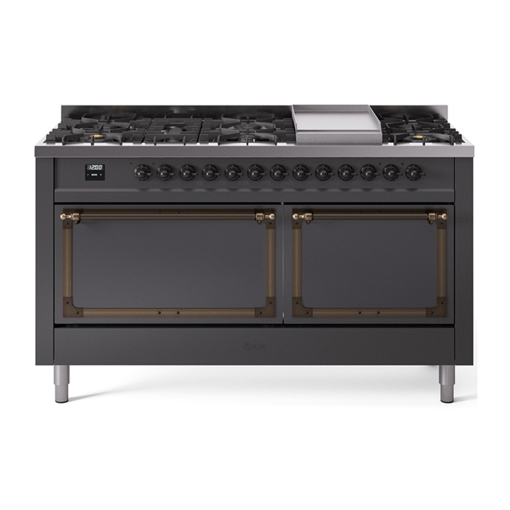 ILVE UN60FQNMPMGBLP Nostalgie II Noblesse 60" Dual Fuel Range      (9 Sealed Burners + Griddle, Liquid Propane, Solid Door, Graphite Matte, Burnished)