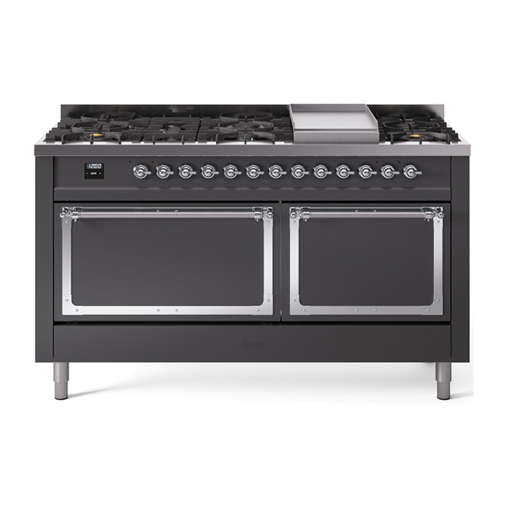 ILVE UN60FQNMPMGCLP Nostalgie II Noblesse 60" Dual Fuel Range      (9 Sealed Burners + Griddle, Liquid Propane, Solid Door, Graphite Matte, Chrome)