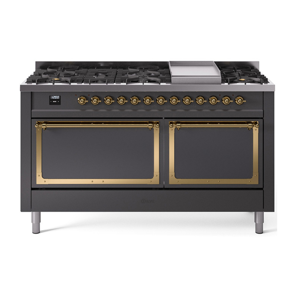 ILVE UN60FQNMPMGG Nostalgie II Noblesse 60" Dual Fuel Range      (9 Sealed Burners + Griddle, Natural Gas, Solid Door, Graphite Matte, Brass)