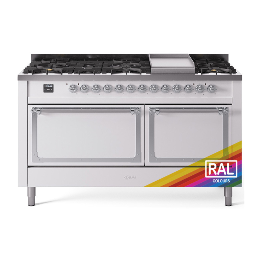 ILVE UN60FQNMPRACLP Nostalgie II Noblesse 60" Dual Fuel Range      (9 Sealed Burners + Griddle, Liquid Propane, Solid Door, RAL, Chrome)