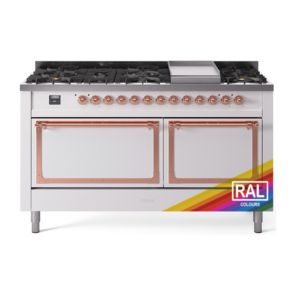 ILVE UN60FQNMPRAPLP Nostalgie II Noblesse 60" Dual Fuel Range      (9 Sealed Burners + Griddle, Liquid Propane, Solid Door, RAL, Copper)