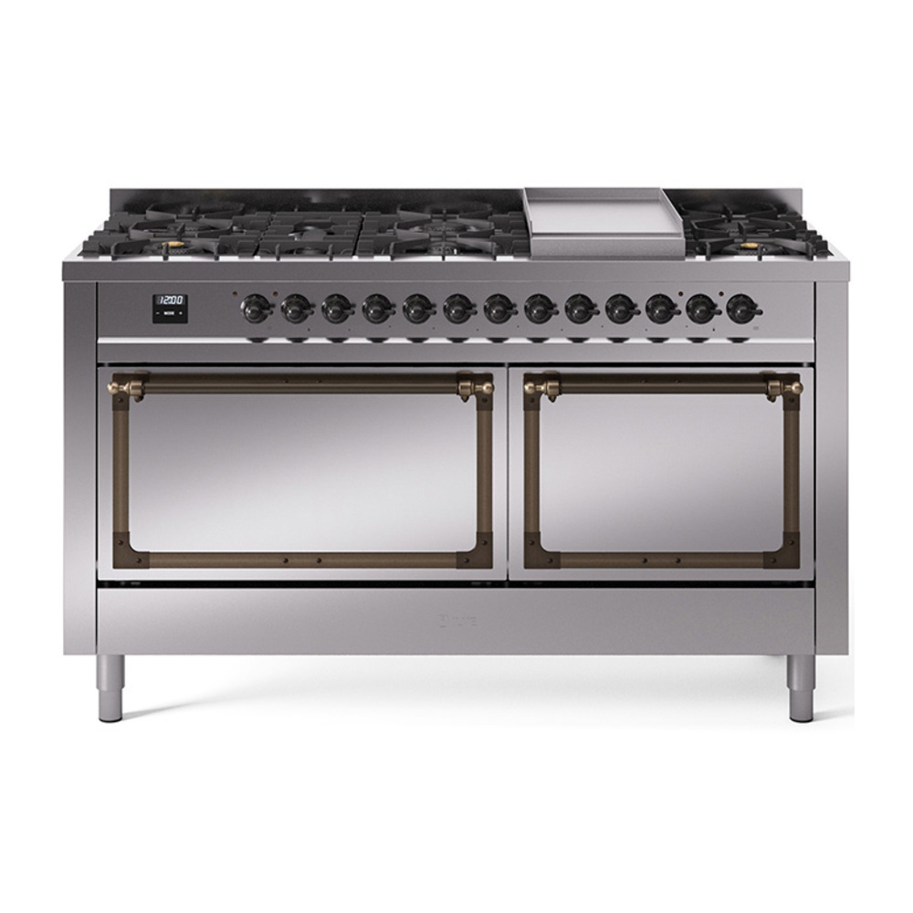 ILVE UN60FQNMPSSBLP Nostalgie II Noblesse 60" Dual Fuel Range      (9 Sealed Burners + Griddle, Liquid Propane, Solid Door, Stainless Steel, Bronze)